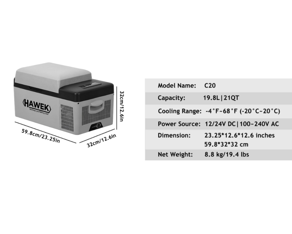 Портативен компресорен хладилник HAWEK 20L – 12V / 24V / 220V | Охлаждане и замразяване навсякъде , модел: С20