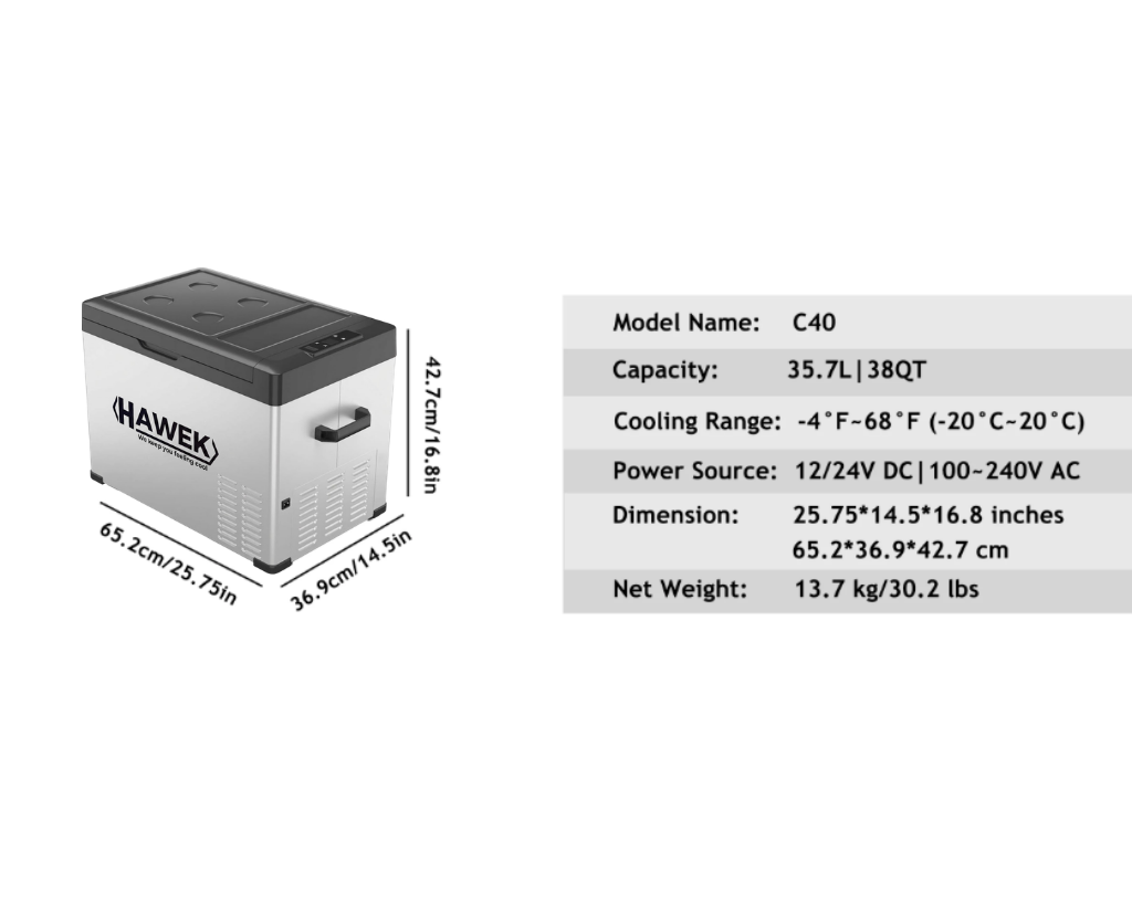 Портативен компресорен хладилник HAWEK 40L – 12V / 24V / 220V | Охлаждане и замразяване навсякъде , модел: С40